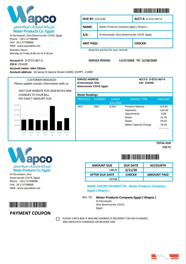Egypt Water Products Company Egypt (Wapco) utility bill template in Word and PDF format